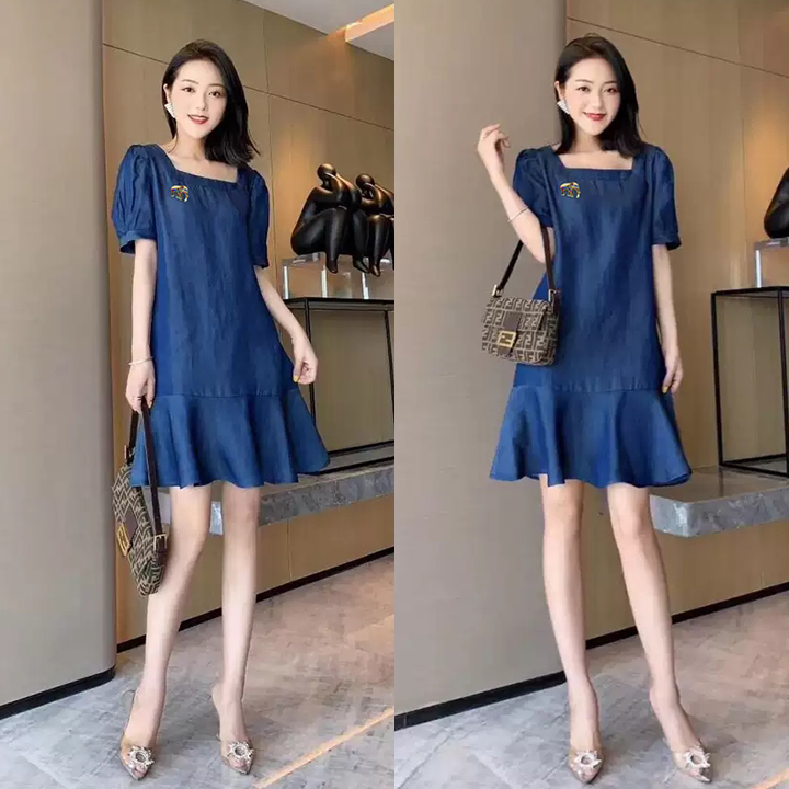 ĐẦM JEAN SUÔNG ĐUÔI CÁ CỔ CHỮ U TAY PHỒNG